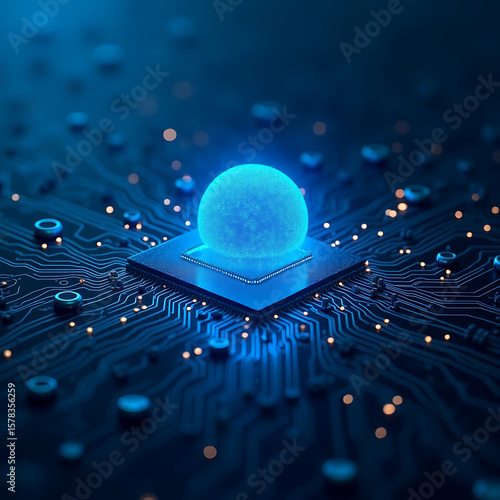 Quantum Computing: A captivating, close-up shot of a computer processor, its intricate circuits shimmering with an ethereal, futuristic glow. A radiant sphere floats above the central core.