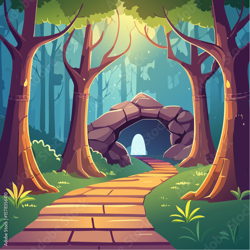 Magical forest path leading to glowing grotto