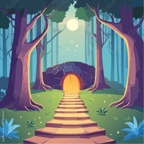 Magical forest path leading to glowing grotto