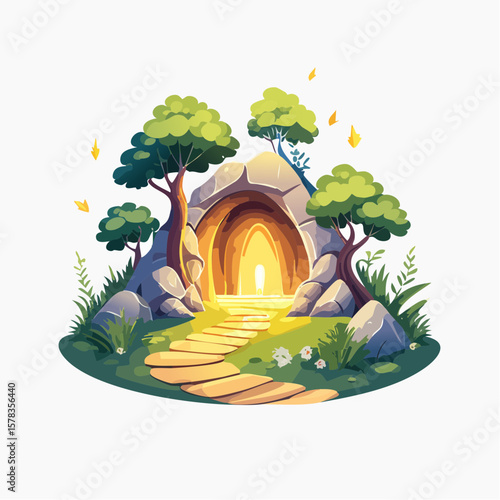 Magical forest path leading to glowing grotto