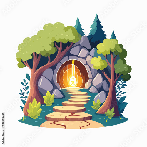 Magical forest path leading to glowing grotto