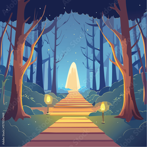 Magical forest path leading to glowing grotto