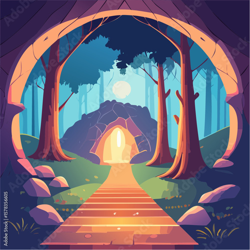 Magical forest path leading to glowing grotto