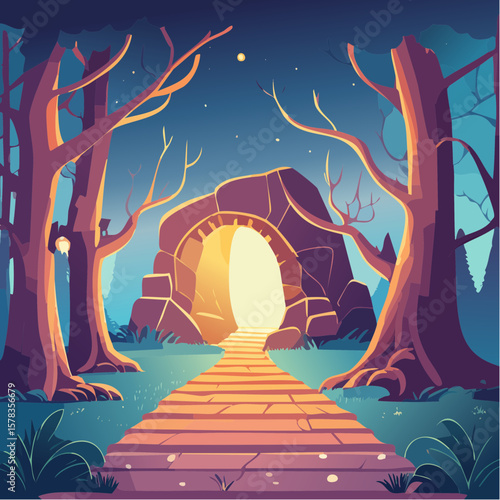 Magical forest path leading to glowing grotto