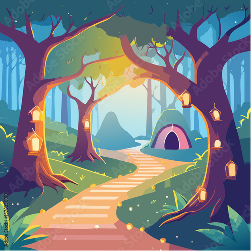 Magical forest path leading to glowing grotto