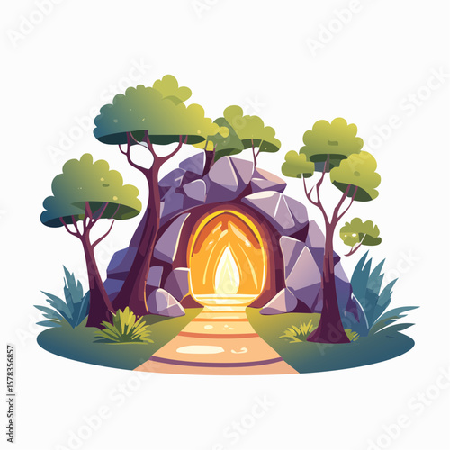 Magical forest path leading to glowing grotto