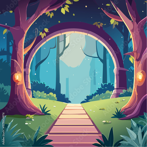 Magical forest path leading to glowing grotto