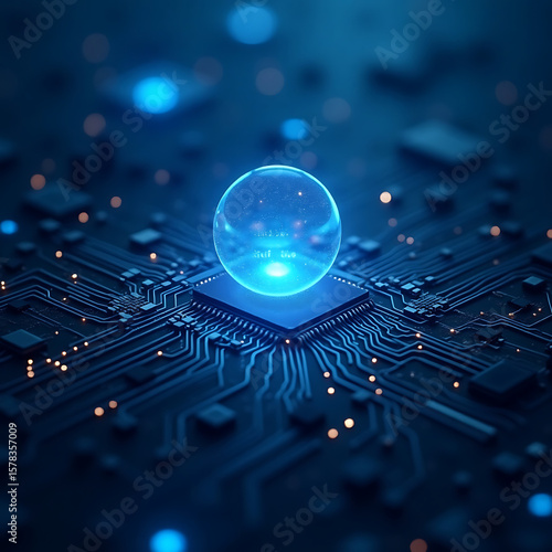 Illuminating Core: A futuristic design illuminates the core concept of technology, featuring a luminous sphere resting atop a digital circuit board, evoking innovation and advanced computing.