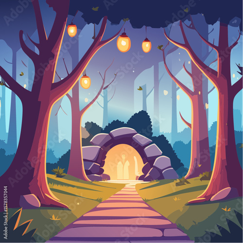 Magical forest path leading to glowing grotto