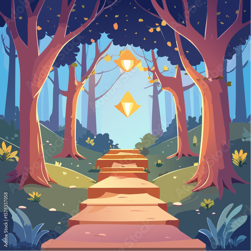 Magical forest path leading to glowing grotto
