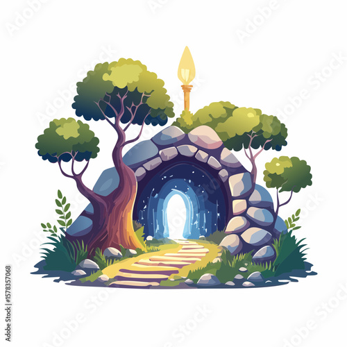 Magical forest path leading to glowing grotto