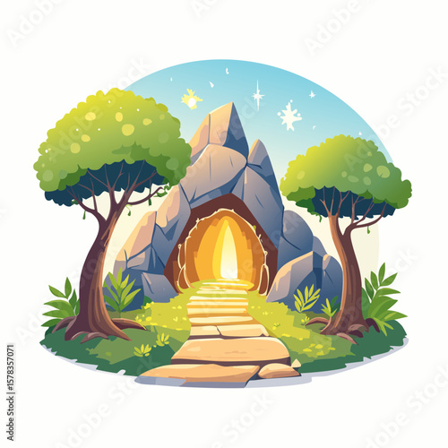 Magical forest path leading to glowing grotto