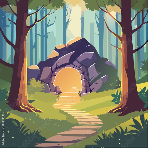 Magical forest path leading to glowing grotto