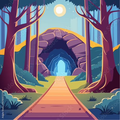 Magical forest path leading to glowing grotto