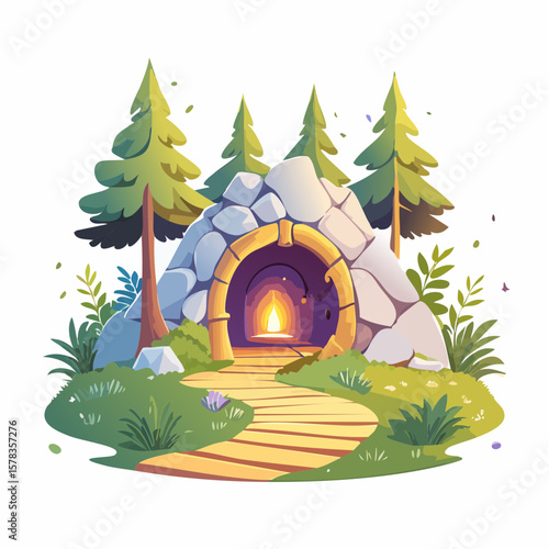 Magical forest path leading to glowing grotto