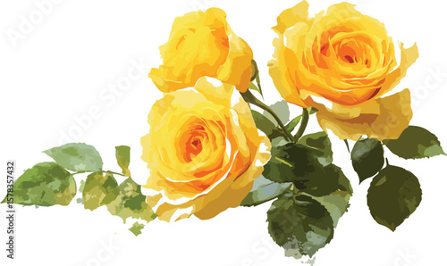 Watercolor Style Yellow Roses with Green Leaves on a White Background