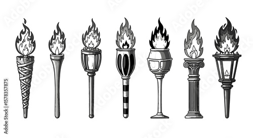 Collection of antique torches alight. Ancient flame, olympic symbol, glowing emblem.