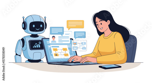 AI Assistant Woman and Robot Working Together on Laptop Illustration