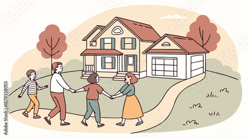 Cartoon town street scene vector illustration with buildings trees and streetlights for graphic design needs