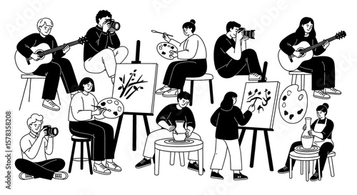 People engage in various artistic activities, creating, photographing, and playing music. Art, creativity, expression, talent, leisure, skill, handmade.