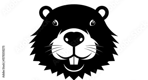 Cartoon beaver face looks forward with a smile. Vector graphic, animal mascot, cute character, design element