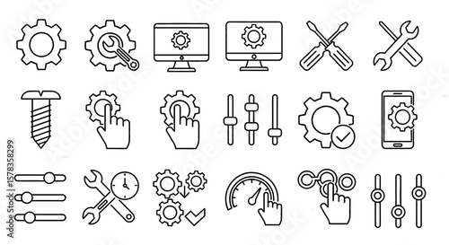 Icon set of settings, tools and controls. Maintenance, adjustments, preferences, options.