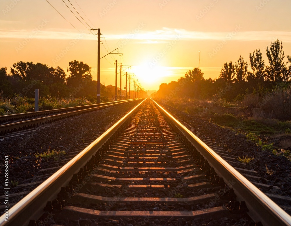 Fototapeta premium Empty railway tracks stretching into sunset horizon, warm golden light, calm mood