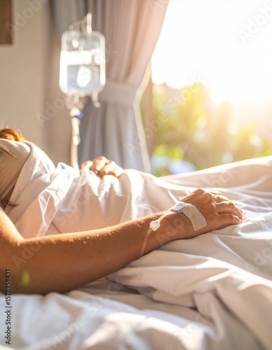 Persona descansando en cama de hospital con vía intravenosa conectada, luz natural entrando por la ventana, escena tranquila de recuperación, atención médica y cuidado personal en entorno clínico
