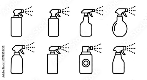 Spray bottle icons in various shapes. Cleaning spray, dispenser, sanitary, hygiene, care