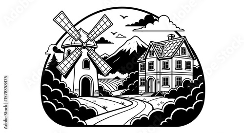 Picturesque farmhouse and windmill landscape on a clear day. Rural scenery, idyllic countryside, homestead, agriculture, nature, serene