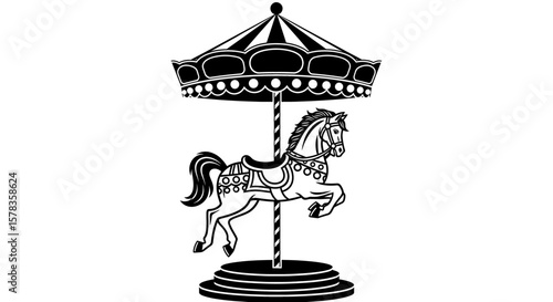 Carousel horse on the fair ride. Nostalgic illustration, vintage, childhood, amusement