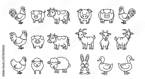 Farm animals are drawn as outline illustrations. Livestock, agriculture, rural, farm animals, domestic animals, wildlife