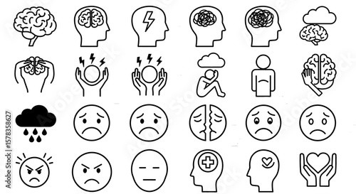 Illustrations depicting mental health issues and emotions. Mental health awareness, depression, anxiety, stress, anger and bipolar disorder.