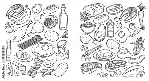 Doodle style image of healthy food ingredients. Vector illustration of vegetables, proteins, and fruits in monochrome line art.