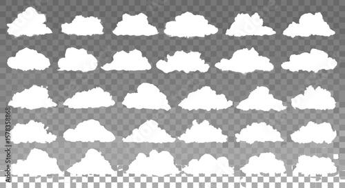 Collection of fluffy white clouds floats on transparent background. Cloudscape, heaven, atmosphere, weather, sky, cumulus, soft