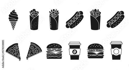 Fast food items isolated on a checkered background. Junk food, meal, quick bites, unhealthy snacks, takeaway