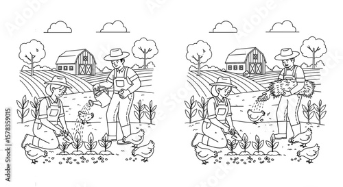 Farmers tending crops on farm with chickens. Agricultural work, rural scene, agriculture, farm life, sustainability