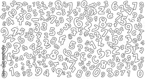 Random numbers scattered across surface in chaotic array. Mathematics, counting, numeracy, arithmetic.