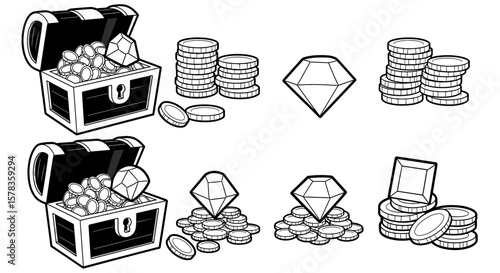 Treasure chests and piles of coins, gems illustration. Abundance, wealth, reward, cartoon style.