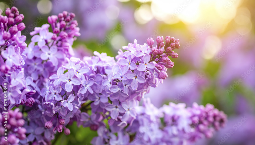 Fototapeta premium Purple lilac flower cluster blooming in spring garden with soft sunlight and bokeh