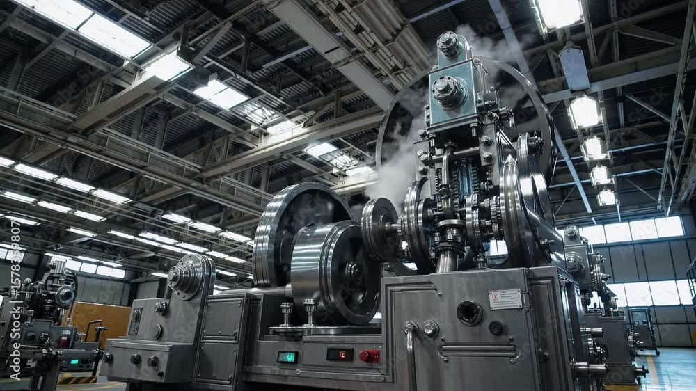 Industrial video showcasing a close-up, low-angle view of a large, intricate machine in a factory setting, highlighting its mechanical complexity. Industrial video showcasing a close-up, low-angle view of a large, intricate machine in a factory setting, highlighting its mechanical complexity.