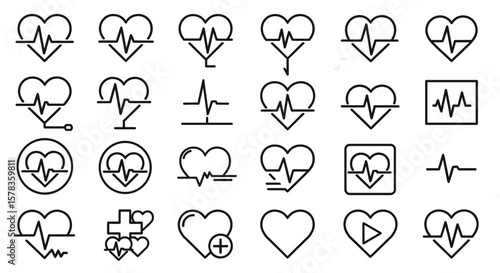 Heart rate line icons set isolated on transparent background. Medical symbols, pulse, heartbeat, health, life