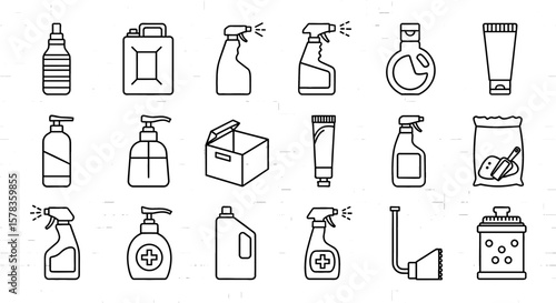 Collection of cleaning products and containers. Hygiene, sanitation, disinfection, detergent, supply, surface care.