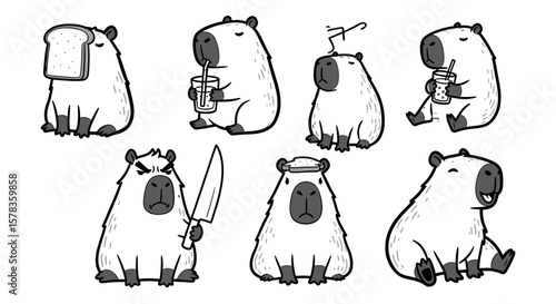 Capybaras display humorous behaviors and diverse emotions. Cartoon animal characters, funny, emotions, capybara, behaviors