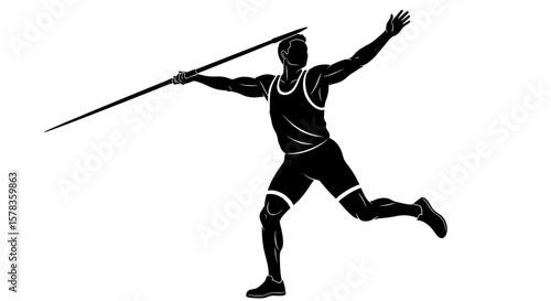 Athlete throws javelin in competition. Black and white silhouette of male sportsman, javelin throw, athletics competition.