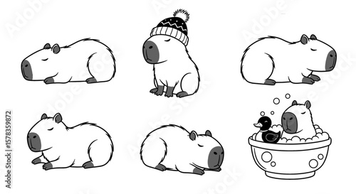 Capybaras pose in different settings and moods. Cartoon animals, cute rodents, kawaii illustration, animal characters.