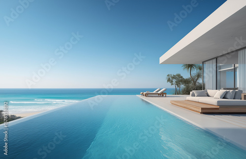 modern house with infinity pool and sea view, white modern architecture on the island in thailand, pooL