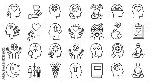 Collection of icons representing mental and emotional wellness. Symbols depicting positivity, growth, mindfulness, and balance