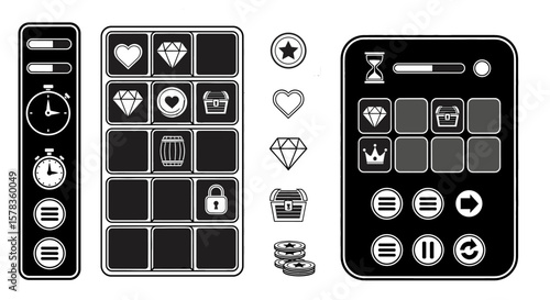Mobile game user interface with various icons and elements. Game design, casino, gambling, application, interface.