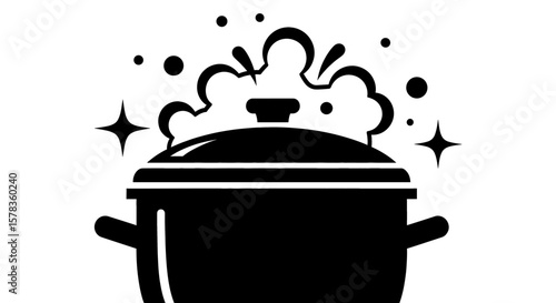 Cooking pot boils with steam and sparkles. Culinary arts, cuisine, meal preparation, homemade goodness